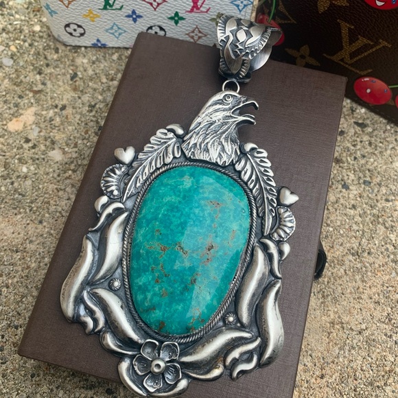 Sterling silver eagle pendant 925 turquoise necklace Native American made